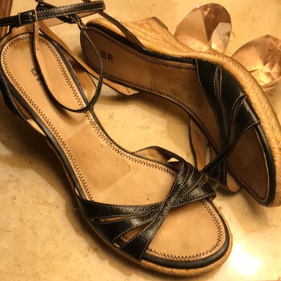 BP. Leather Espadrilles Sculpted Wedge Heel Ankle Strappy Sandals  Black 👡 - Picture 3 of 5